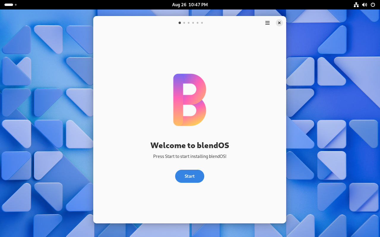 blendOS live image boot: a basic GNOME desktop with a vertical white window in the center; it has the blendOS logo and a "Start" button, with the text "Welcome to blendOS", "Press Start to start installing blendOS!"